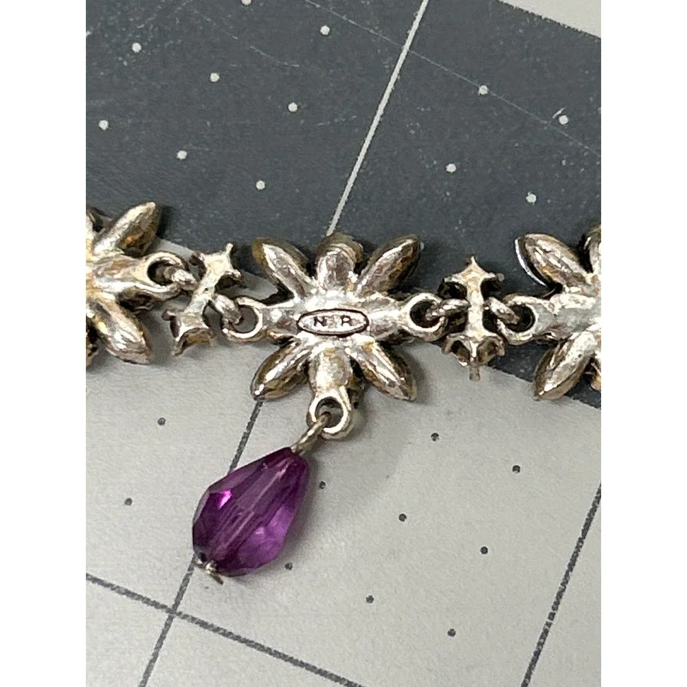 Nina Ricci Floral Necklace Silver Tone Purple Rhinestone Teardrop‎ Pendant
